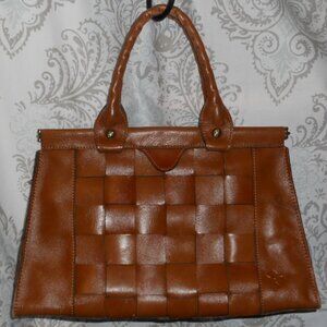 Patricia Nash Zaragoza Satchel Brown Leather Basket Weave Front Hinged Closure
